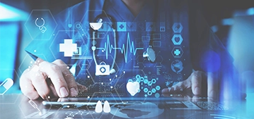 Doctor on tablet with medical iconography